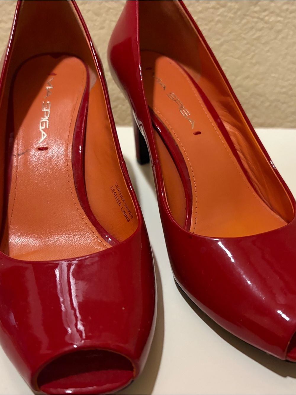 Via Spiga Red Patent Peep-Toe Pumps